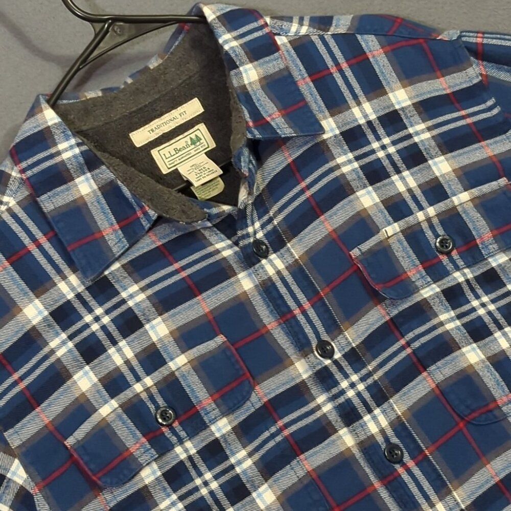 L.L. Bean Shirt Men's L Blue Plaid Fleece Lined Flannel Traditional Fit Shacket